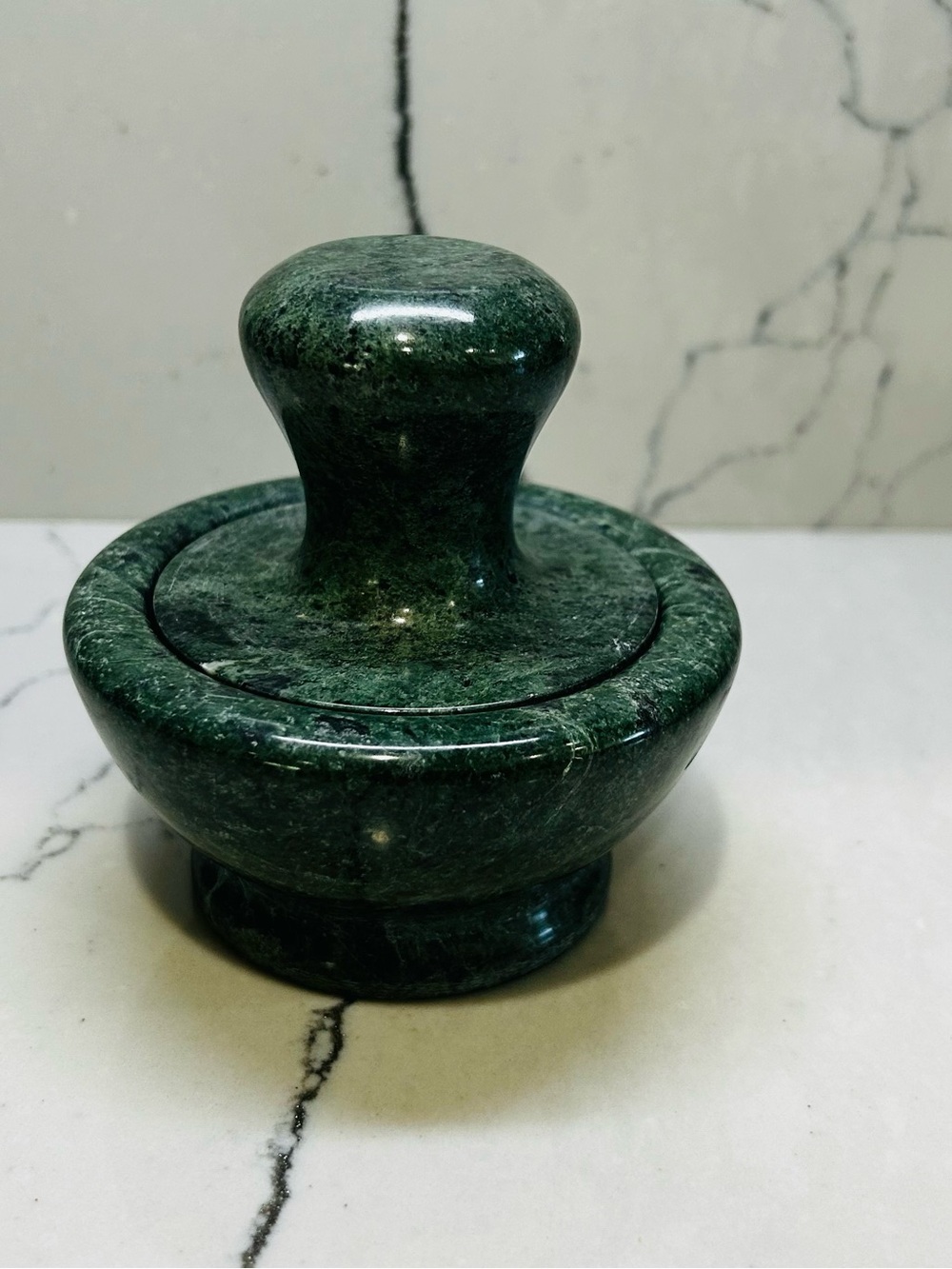Vintage Mushroom Green Marble Stone Mortar and Pestle